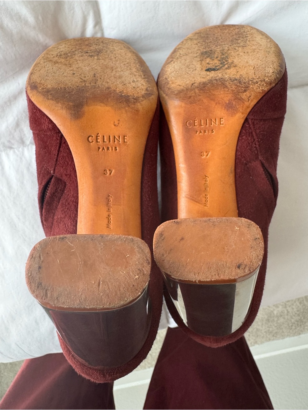 Celine Burgundy Suede Ankle Boots with Metallic Heel - Picture 6 of 7